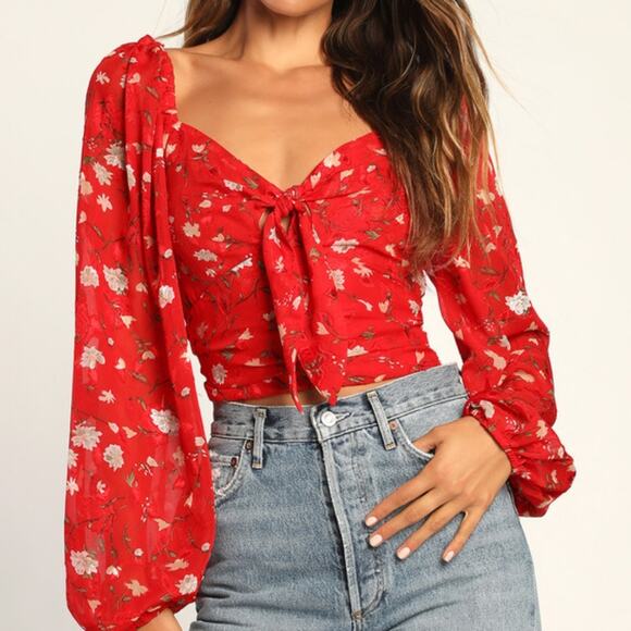 Lulu's red floral tie front long sleeve top - Picture 1 of 14